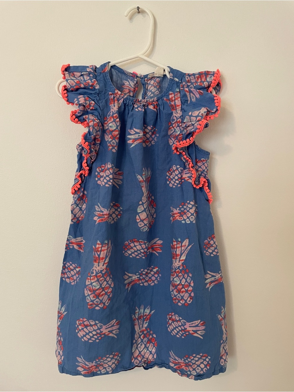 Crewcuts Blue Pineapple Print Ruffle Dress with Coral Trim
